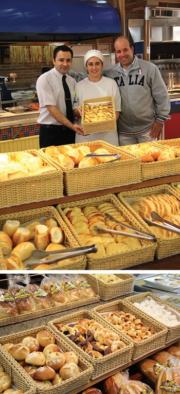 Entre uma infinidade de produtos, os pães do Graal de Barueri chamam atenção pela beleza na exposição. A chef da padaria, Greissy de Paula, e o gerente, Carlos Botelho, na foto com Beto Alves, da Arte Vime, avaliem que nas cestas de vime os pães ficam mai